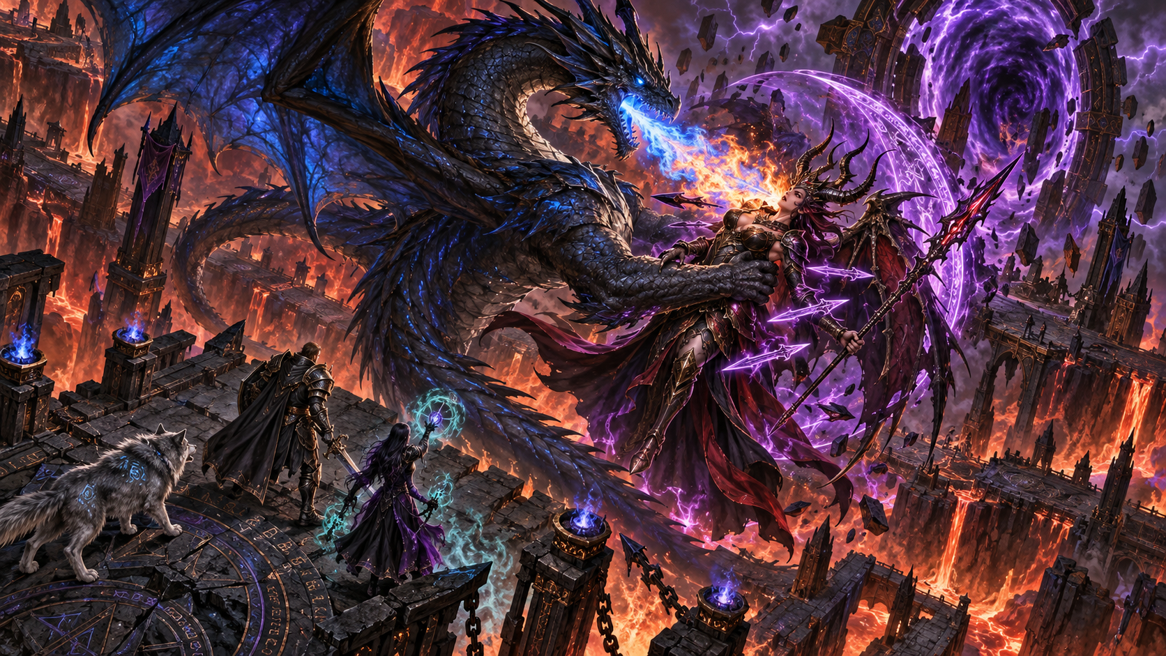 Der Drache kämpft über einem Obsidiantor gegen eine dämonische Magierin
