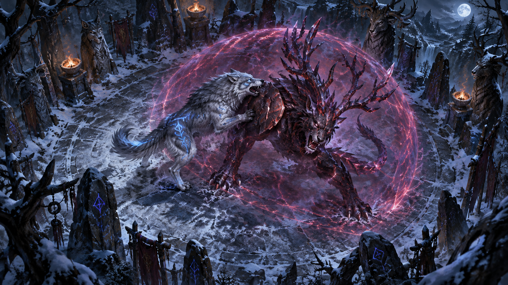 Der Runenwolf kämpft in einer Eislichtung gegen ein dämonisches Fabeltier