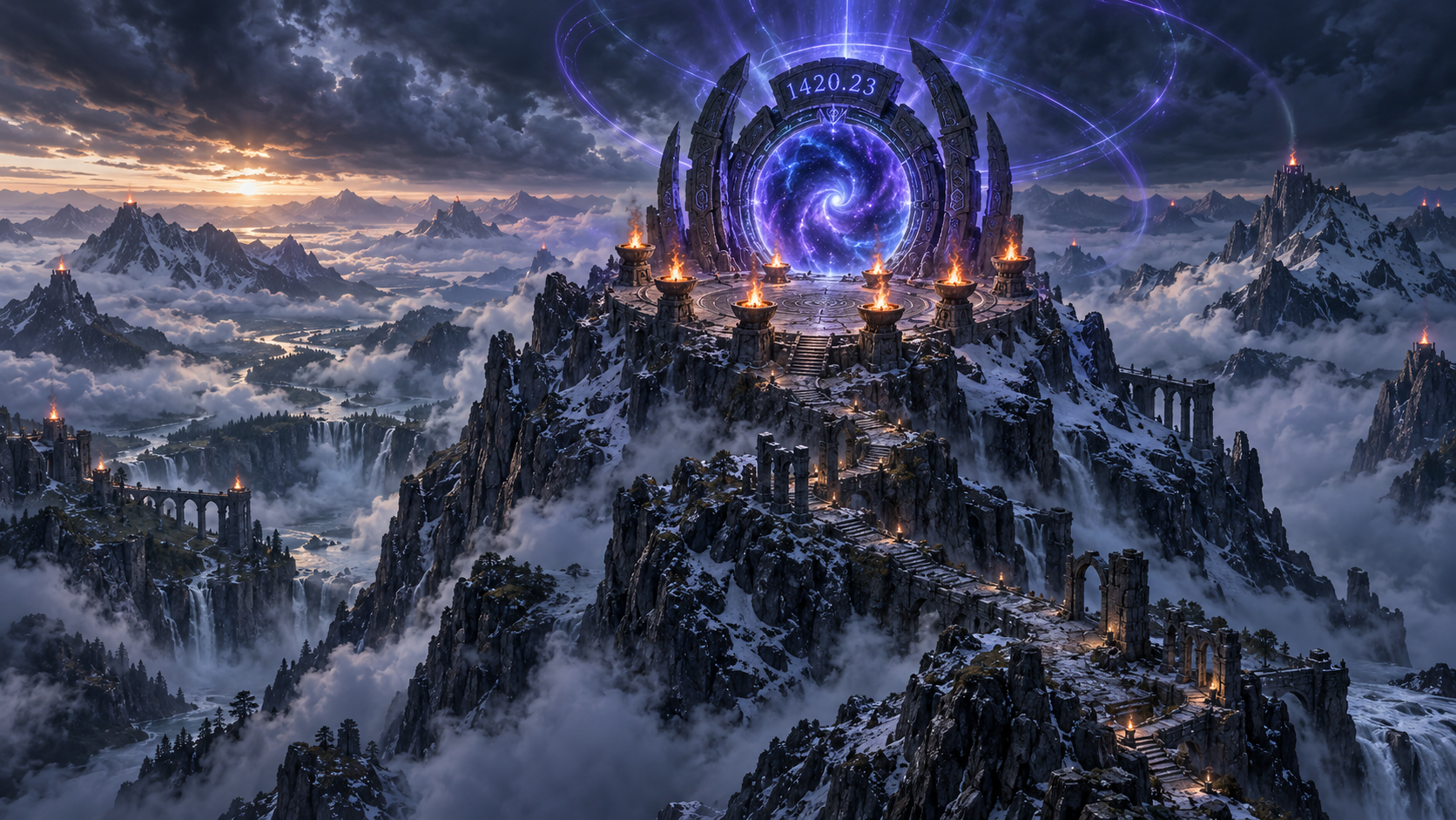 Das aktive Lynxa-Portal mit dem Code 1420.23 steht auf einem Berg über nebligen Tälern