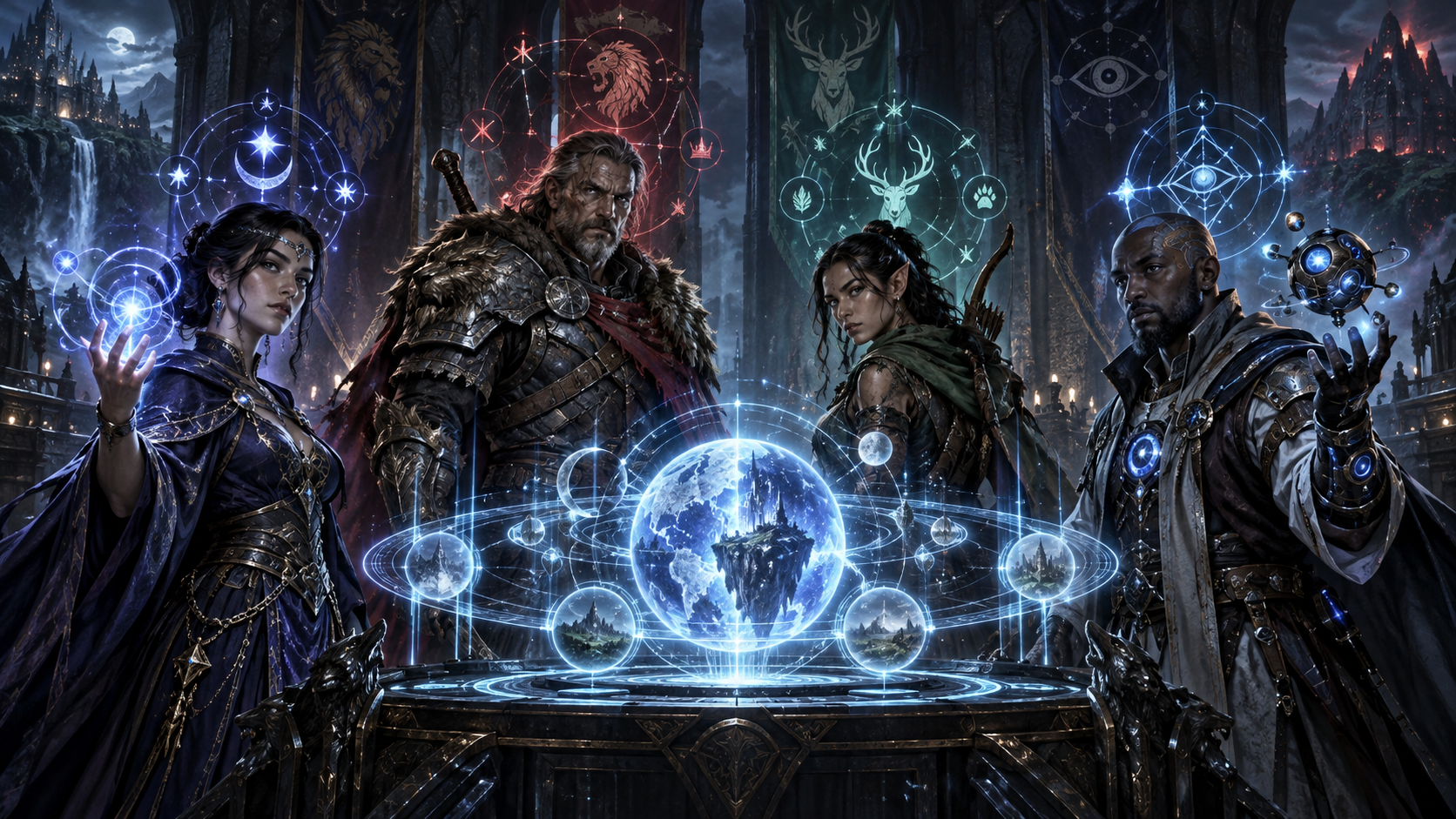 Vier erwachsene Fantasyhelden an einem leuchtenden Charakter-Nexus