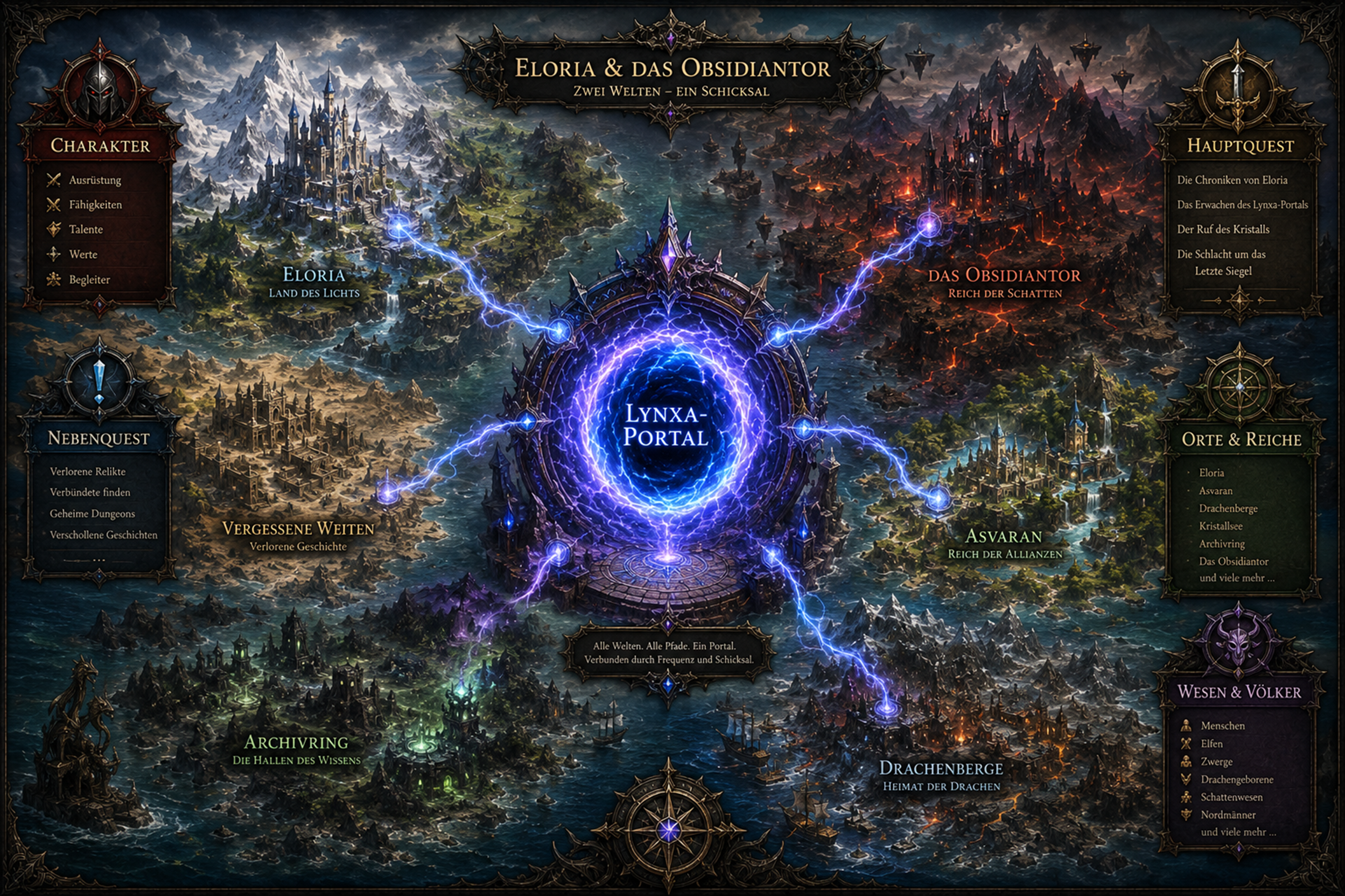 Karte der verbundenen Welten Eloria und Obsidiantor mit dem Lynxa-Portal im Zentrum
