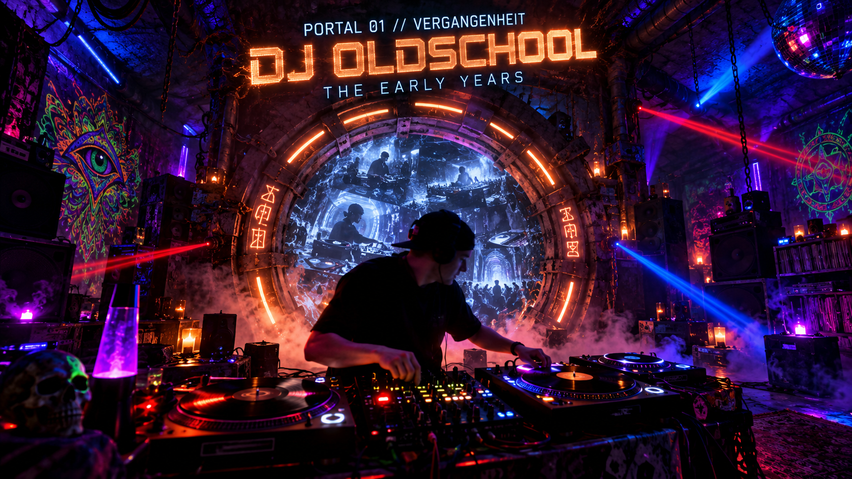 DJ Oldschool an Plattenspielern vor einem orange leuchtenden Zeitportal mit historischen DJ-Szenen