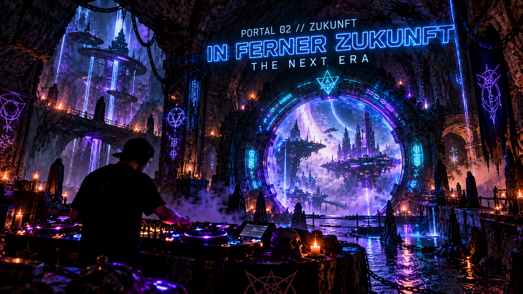 DJ vor einem blau und violett leuchtenden Zeitportal zu einer futuristischen Stadt