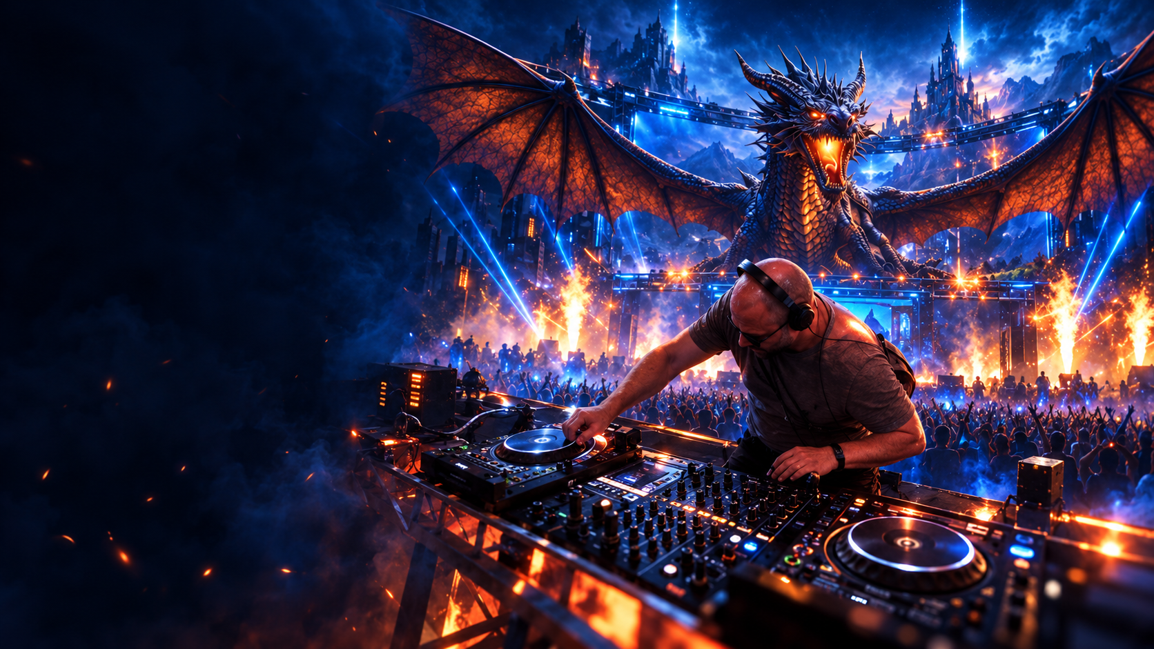 Beatkonstruktor am DJ-Pult vor einer futuristischen Festivalbühne mit Drachen, Feuer und blauem Licht
