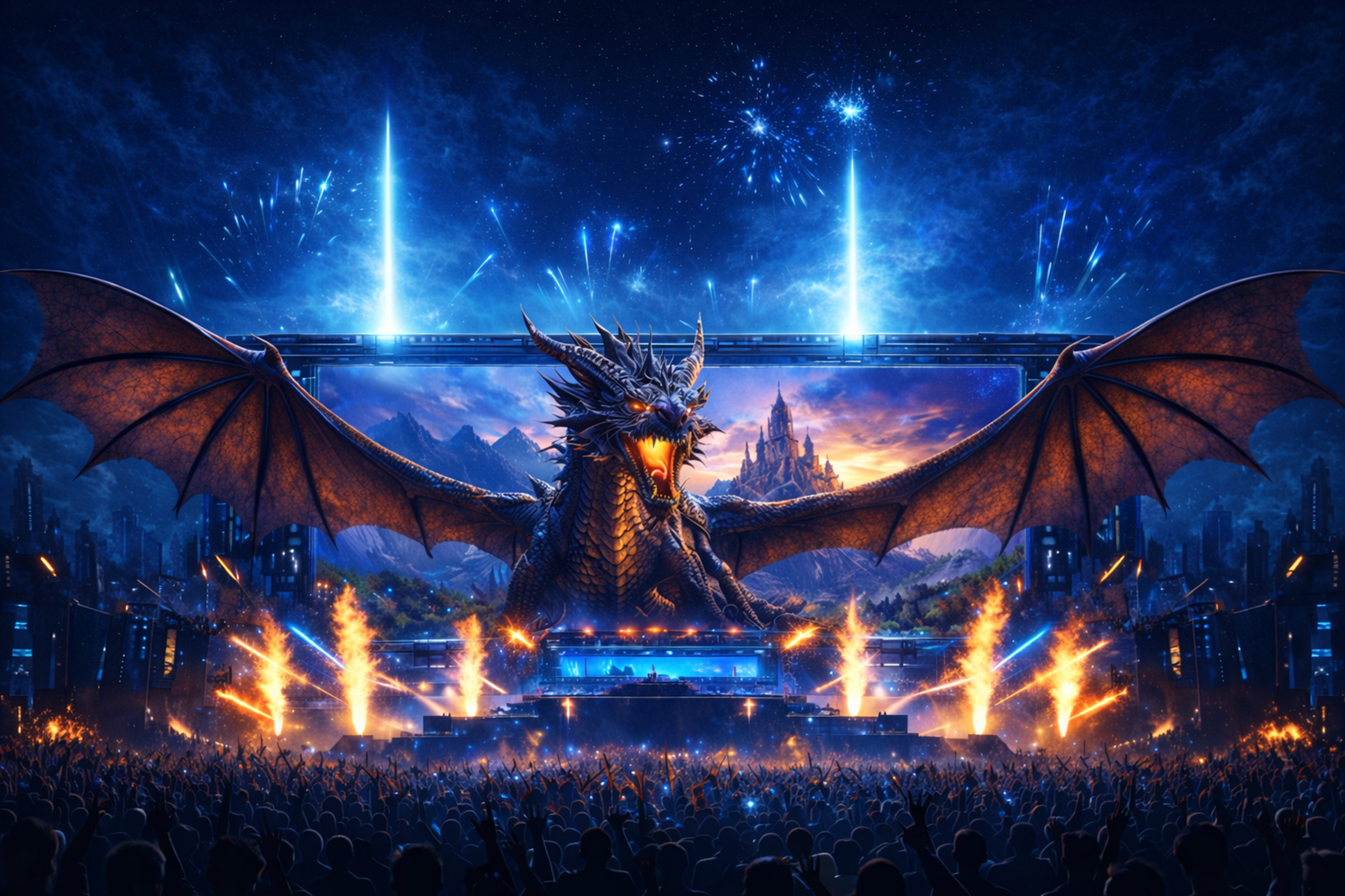 Lynxa-Portal-Festival mit einem Drachen vor einer futuristischen Bühne, Feuerwerk und Publikum