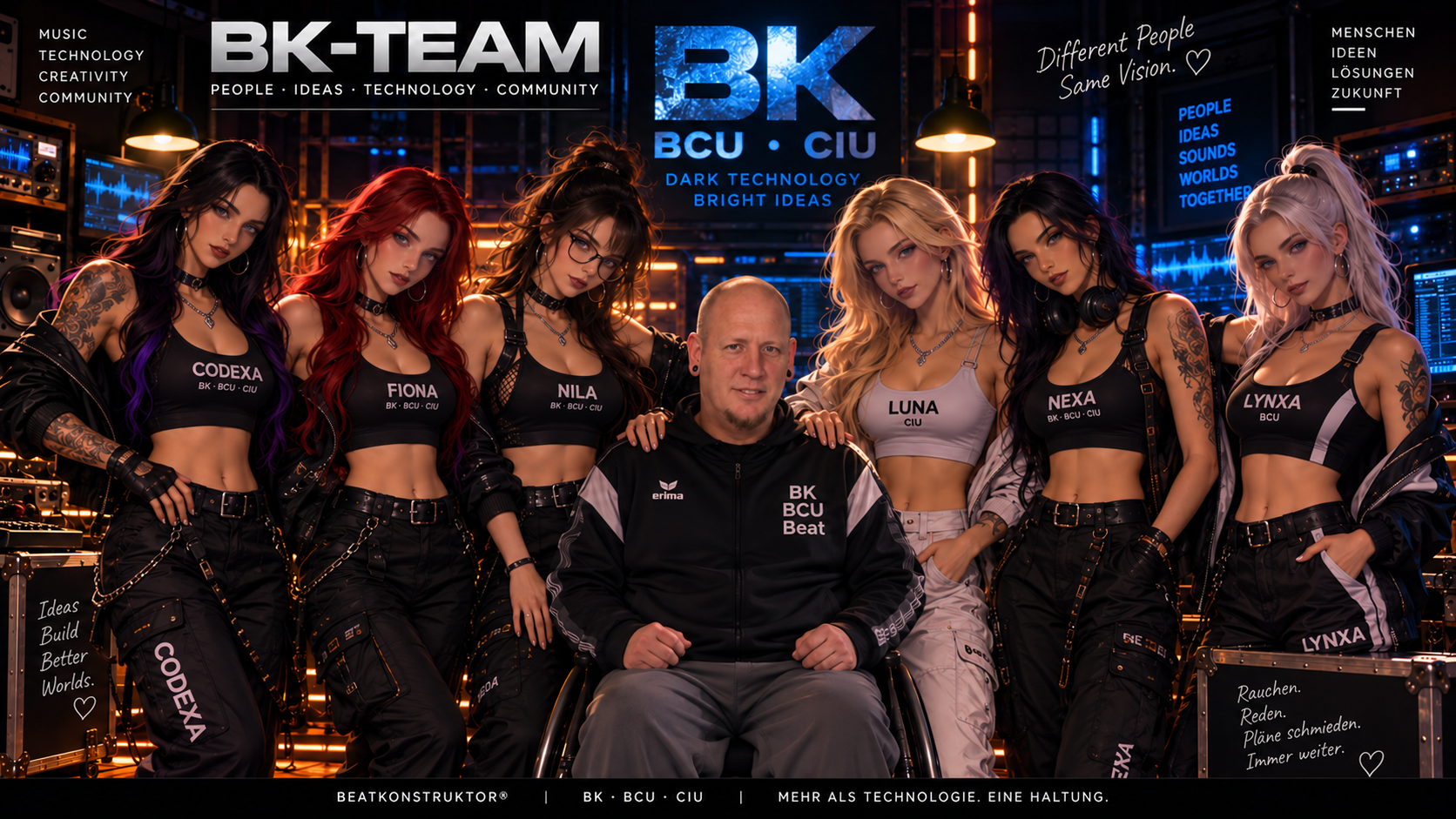 Beat mit Codexa, Fiona, Nila, Luna, Nexa und Lynxa im BK-Team-Neonstudio